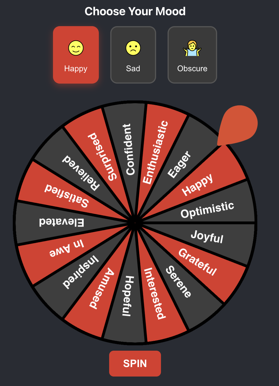 Wheel of Feels - Interactive emotion identification wheel showing various feeling words arranged in a colorful spinning wheel format